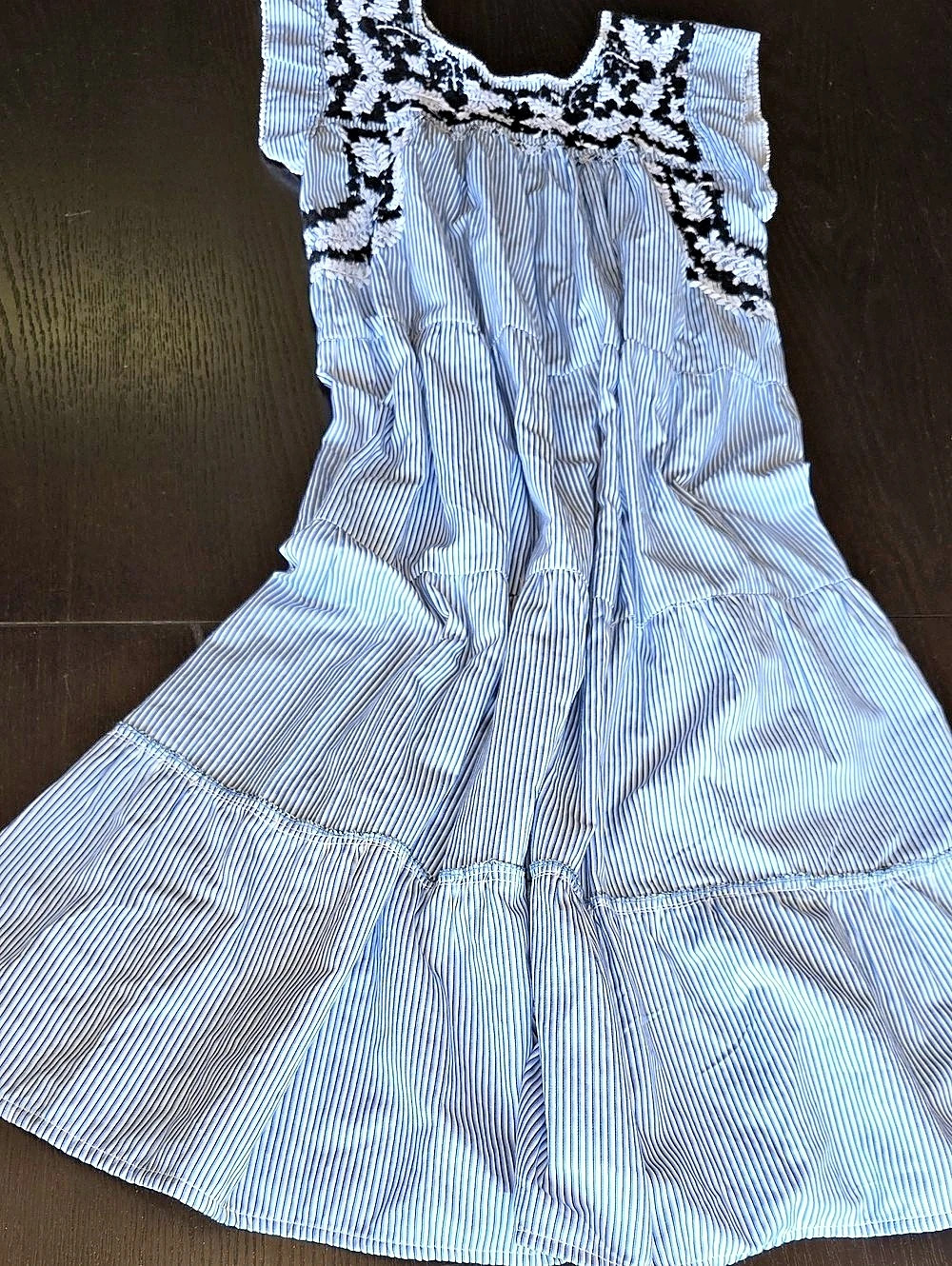 Agnes Bernadette Blue & White Striped Embroidered Mini Dress